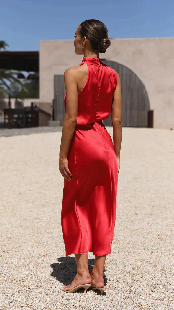 Cowl Neck Draped Satin Bias Cut Midi Dress