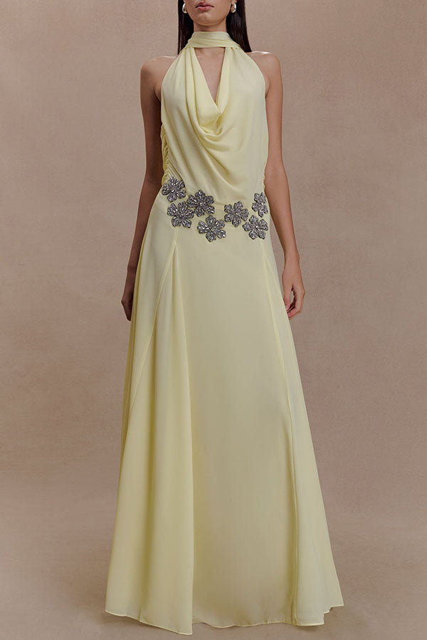 Santal Chiffon Detachable Halter Cowl Neck Scarf Floral Diamante Trims Maxi Dress