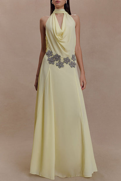 Santal Chiffon Detachable Halter Cowl Neck Scarf Floral Diamante Trims Maxi Dress
