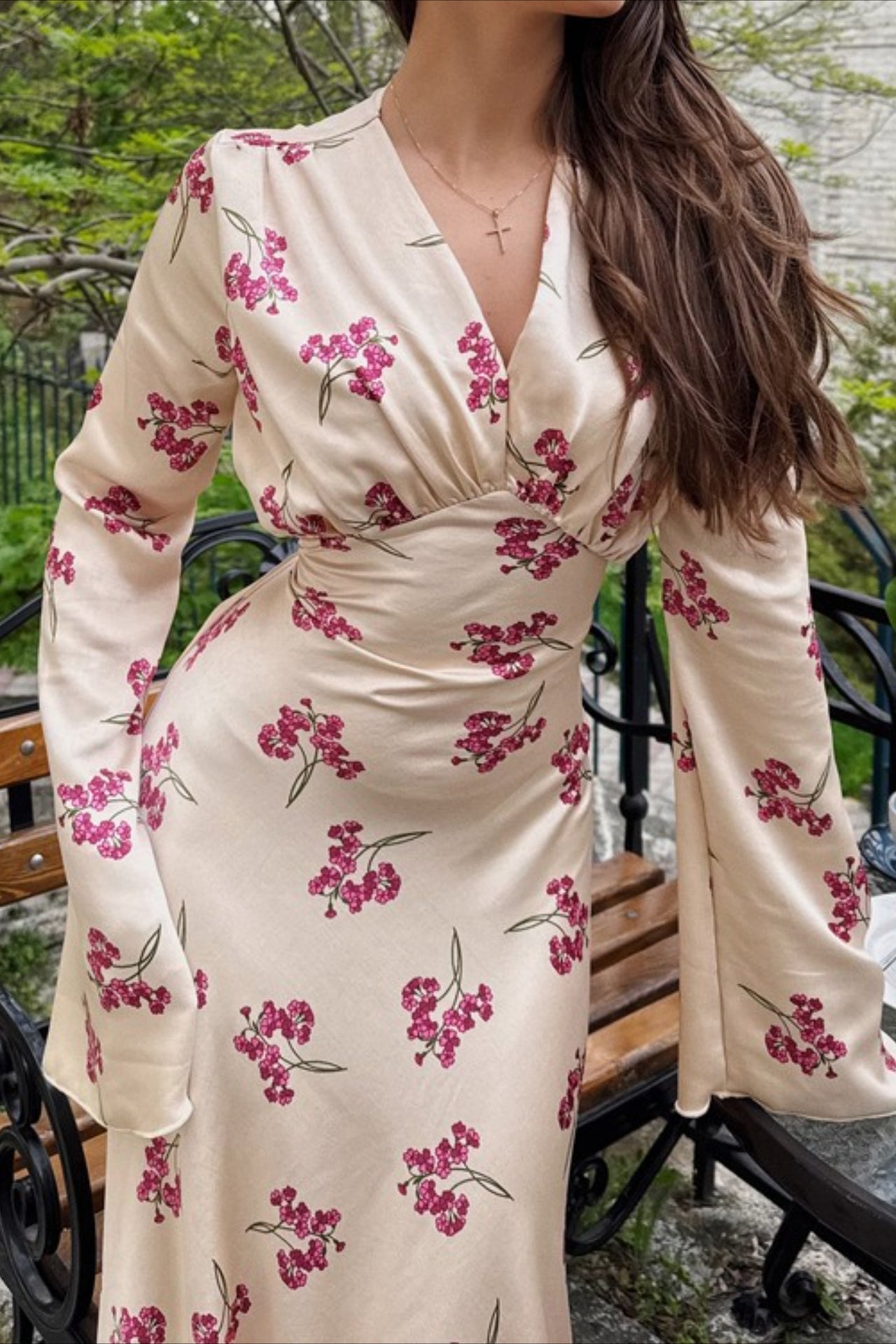 Deep V Neck Bell Sleeve Scattered Floral Satin Maxi Gown