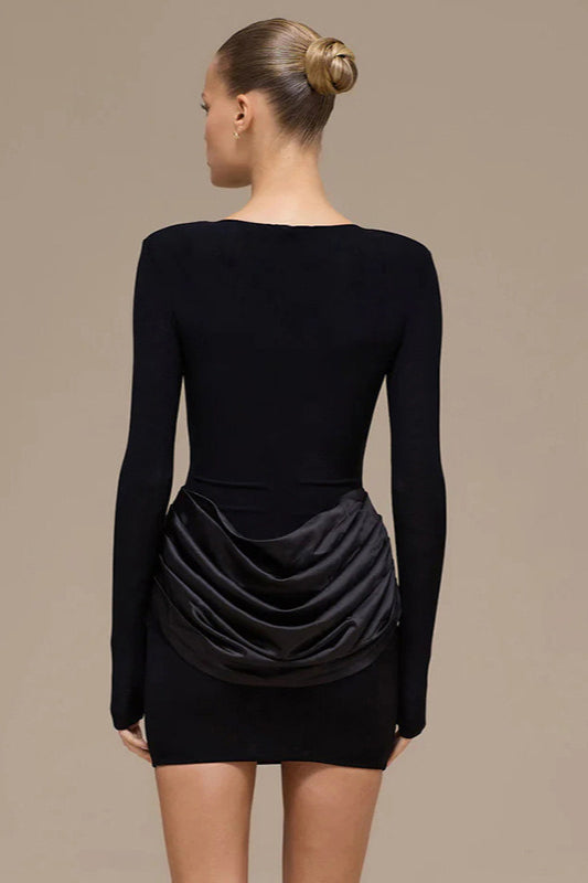 Boat Neck Padded Shoulder Long Sleeve Draped Satin Hip Overlay Bodycon Mini Dress