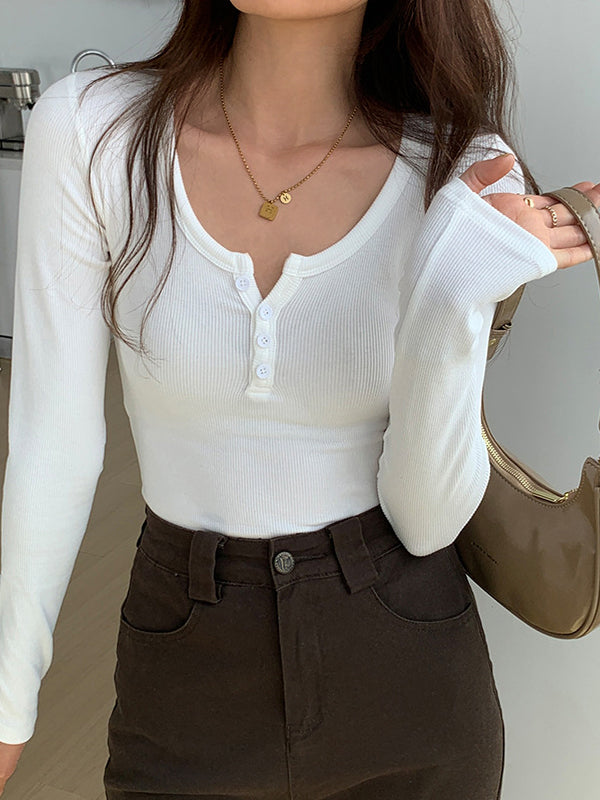 Solid Color Rib High Elastic Breasted Long Sleeve Knit