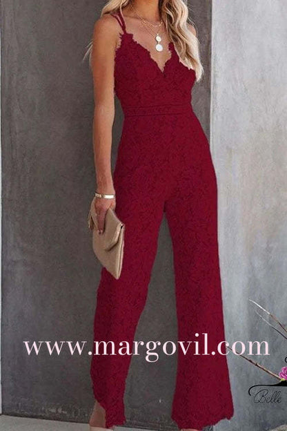 Margovil V Neck Waisted Wide Leg Cami Lace Jumpsuit