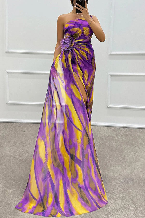 One-Shoulder Ruched Feather Floral Accent Marble Print High-Slit Maxi Gown