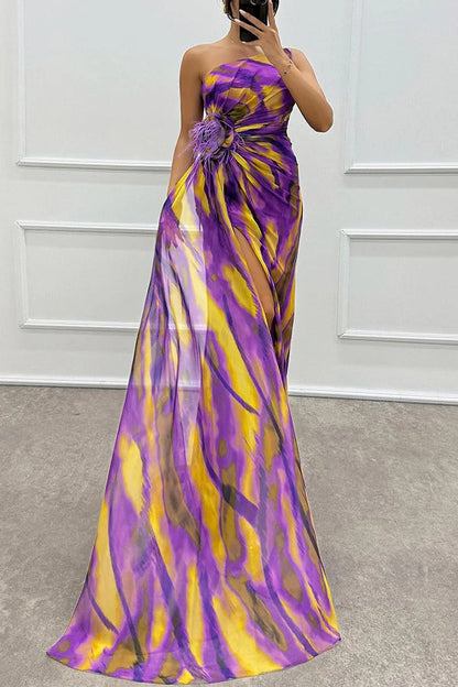 One-Shoulder Ruched Feather Floral Accent Marble Print High-Slit Maxi Gown