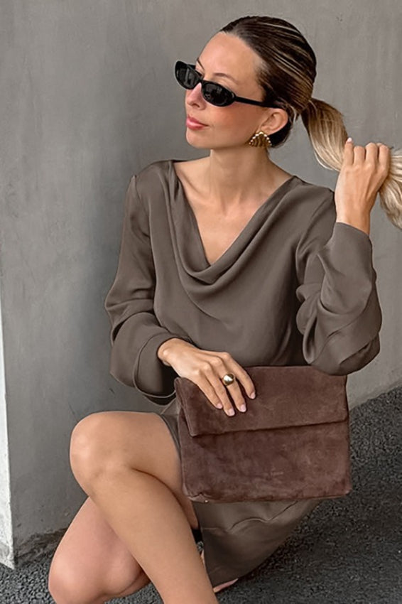 Satin Cowl Neck Bell Sleeve Mini Dress