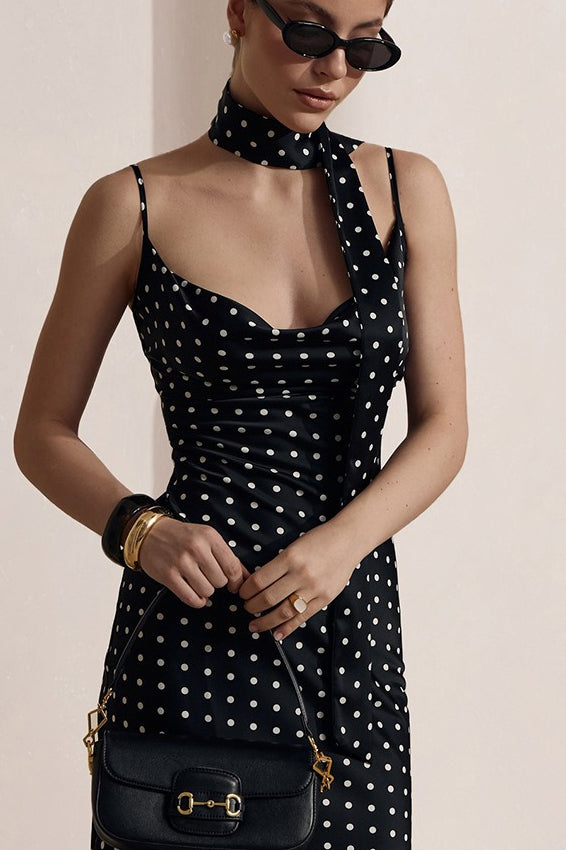Cowl Neck Polka Dot Neck Scarf Spaghetti Strap Bodycon Midi Dress