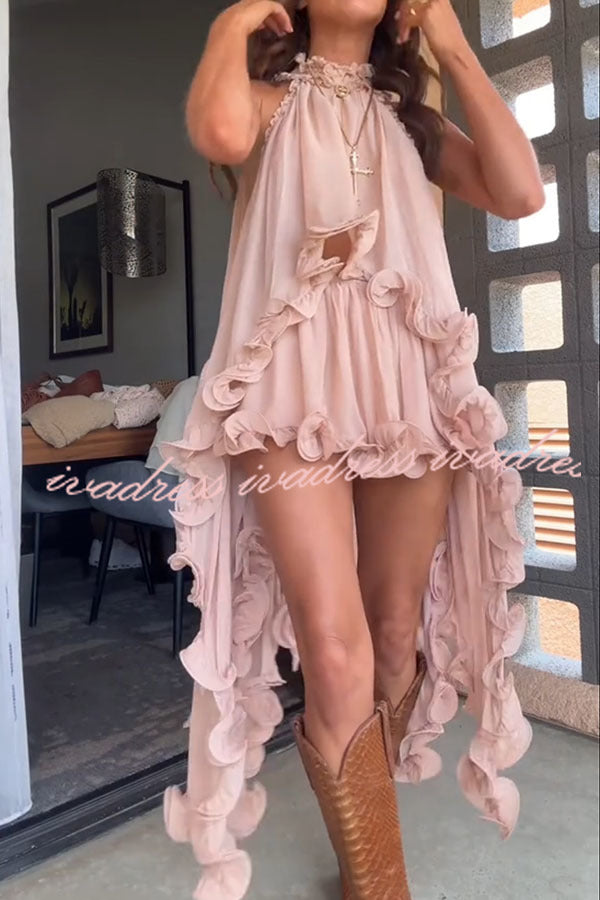 Romantic Drama Chiffon Wavy Ruffles Halter Irregular A-line Top