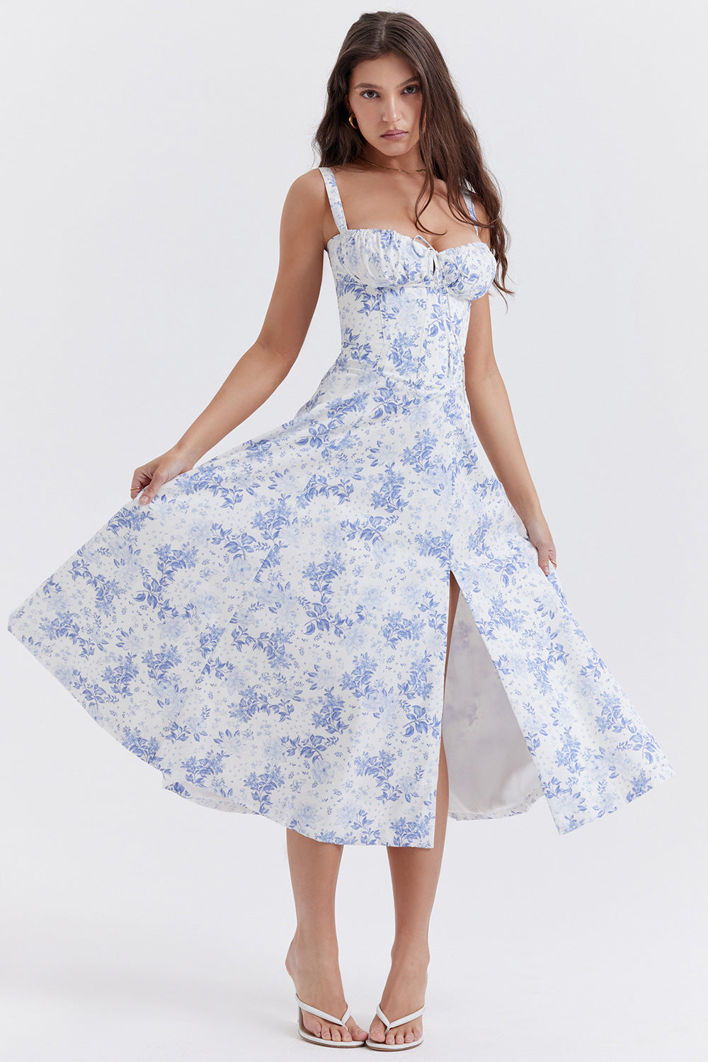 Corset Bodice Ruched Bust Tie-Front Flared Strap Midi Dress
