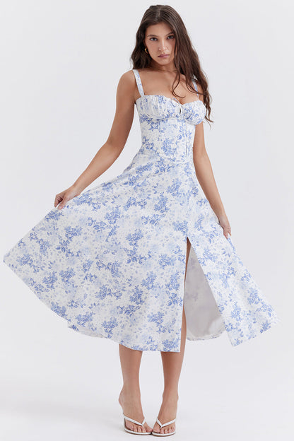 Corset Bodice Ruched Bust Tie-Front Flared Strap Midi Dress
