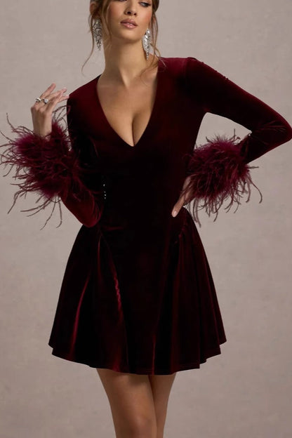 Deep V Neck Feather Trim Cuff Long Sleeve Velvet Fit and Flare Mini Dress