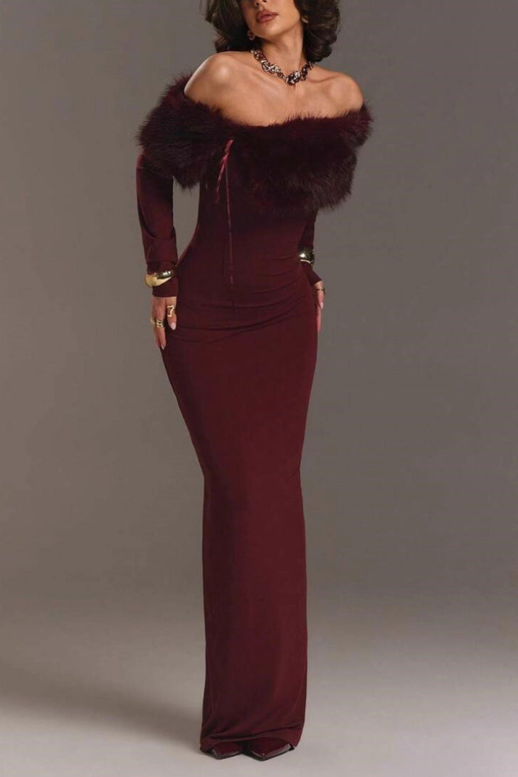 Off Shoulder Faux Fur Trim Long Sleeve Bodycon Floor Length Maxi Dress