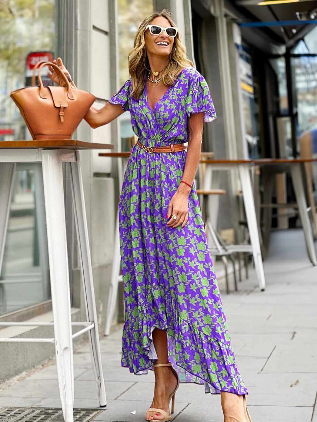 Floral Wrap V Neck Maxi Dress for Women - Boho Flutter Sleeve Ruffle Hem Long Dress - Summer Beach Vacation 2026