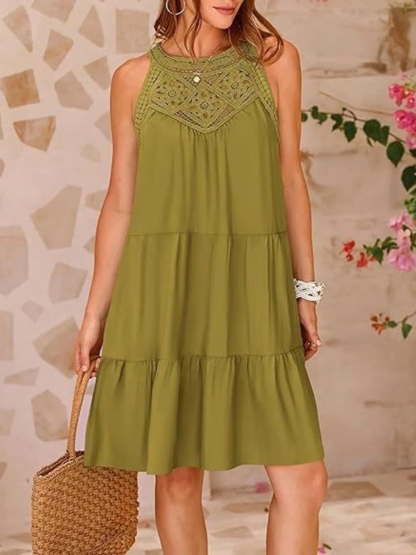Crochet Lace Halter Neck Tiered Ruffle Mini Dress