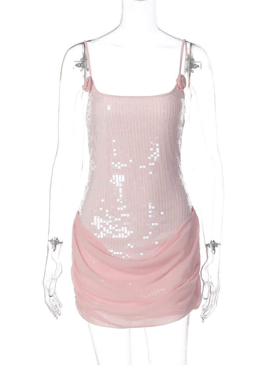 Rose Detail Sequin Square Neck Bodycon Mini Party Dress For Women 2026