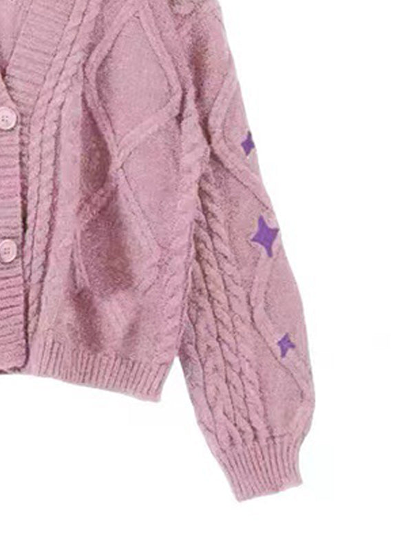 Star Embroidered Print Cable Knit V Neck Cardigan