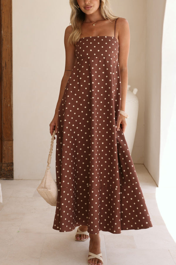 Polka Dot Print Square Neck Suspender Casual Pocket Maxi Dress