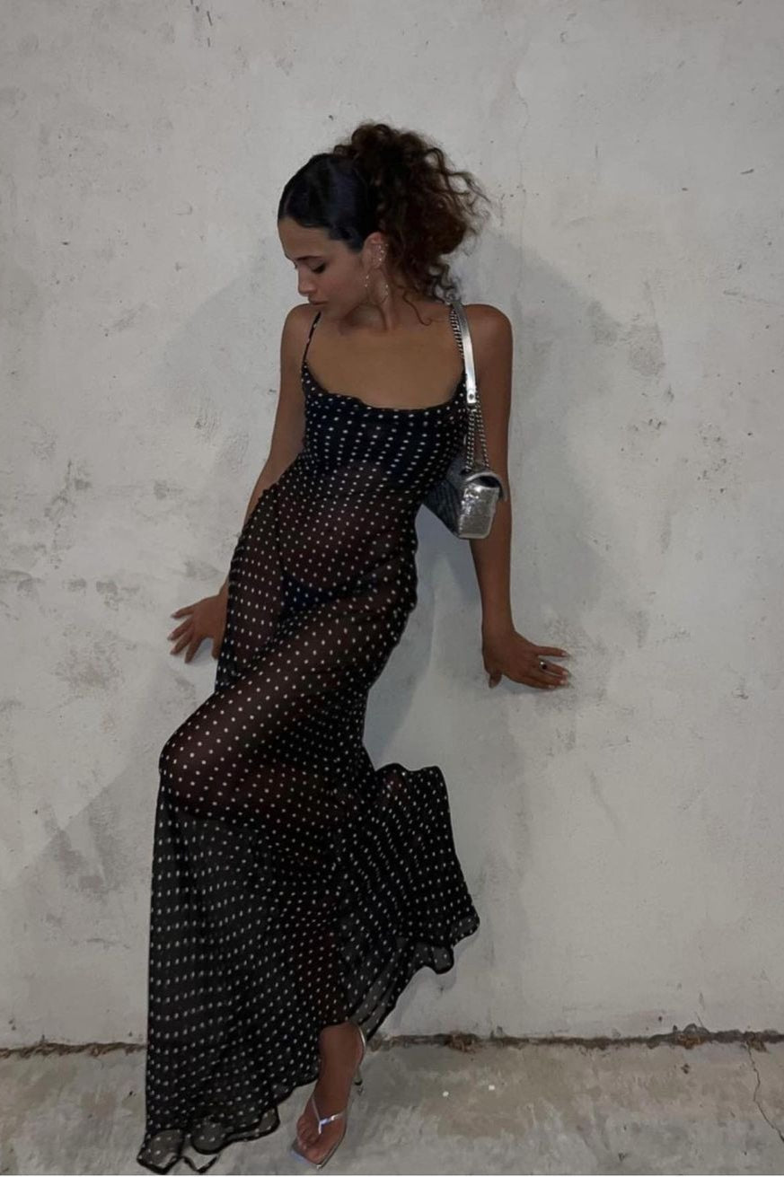 Polka Dot Sheer Mesh Scoop Neck Spaghetti Strap Column Maxi Dress