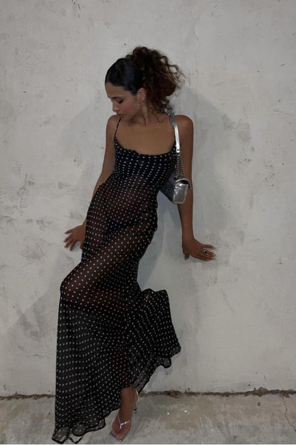 Polka Dot Sheer Mesh Scoop Neck Spaghetti Strap Column Maxi Dress