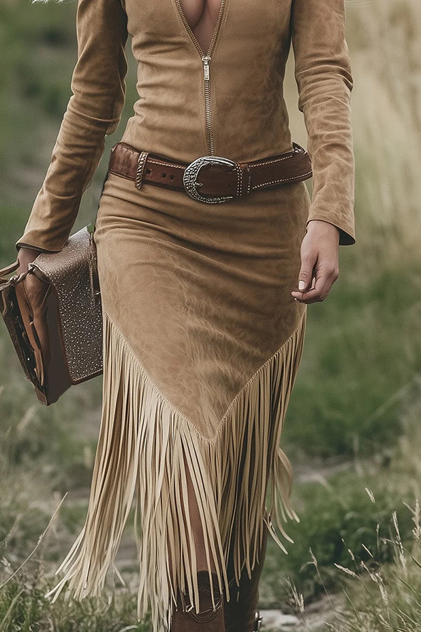 Retro Western Style Long-sleeved Fringed Hem Suede Midi Dress