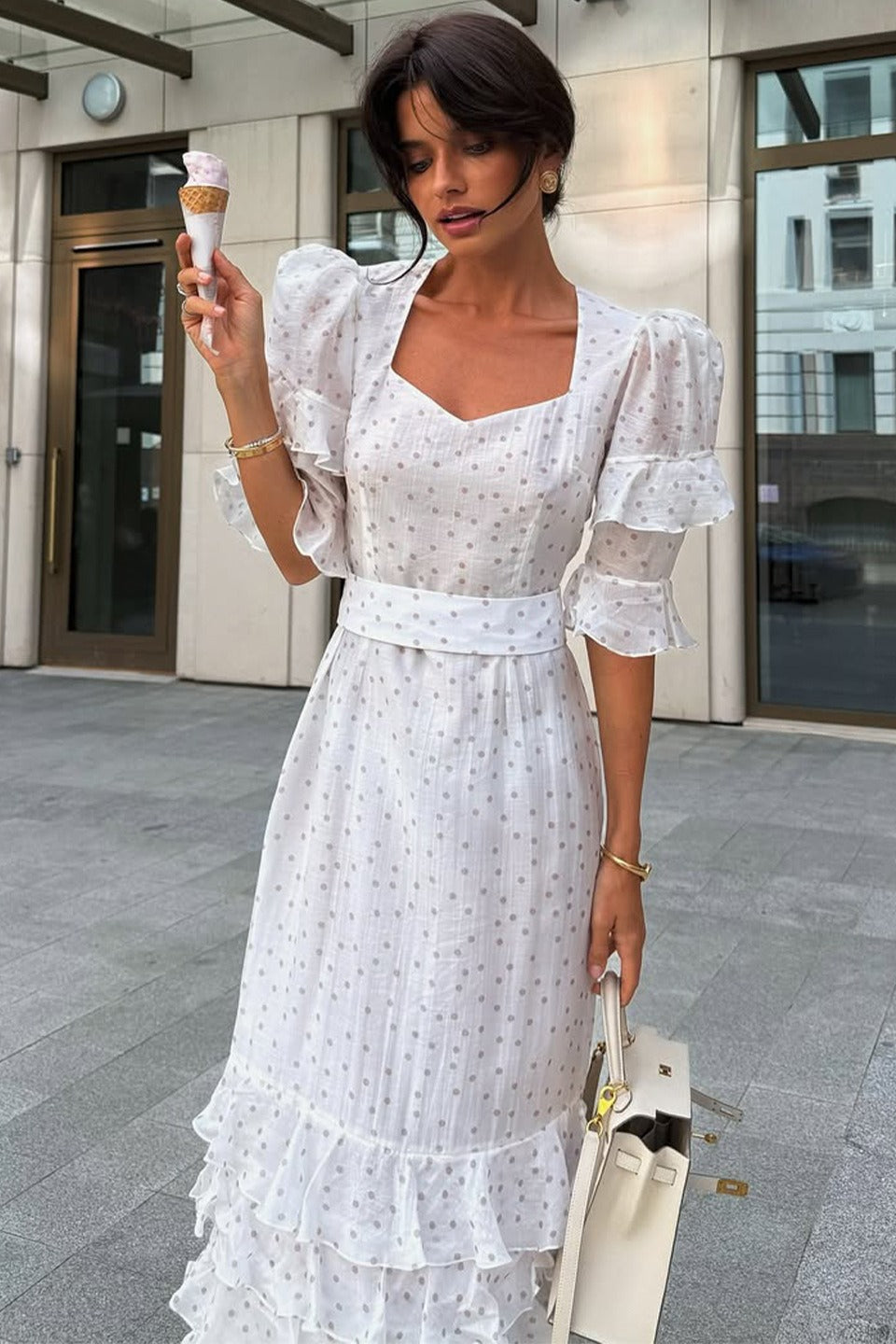 Polka Dot Tiered Ruffle Long Sleeve Cinched Waist Maxi Dress