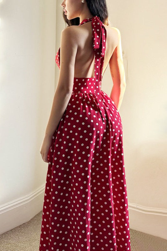 Polka Dot Print Deep V-Neck Wide Strap Bodycon Midi Dress