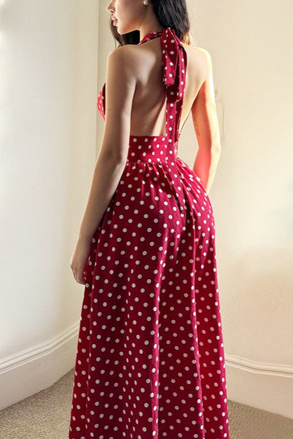 Polka Dot Print Deep V-Neck Wide Strap Bodycon Midi Dress