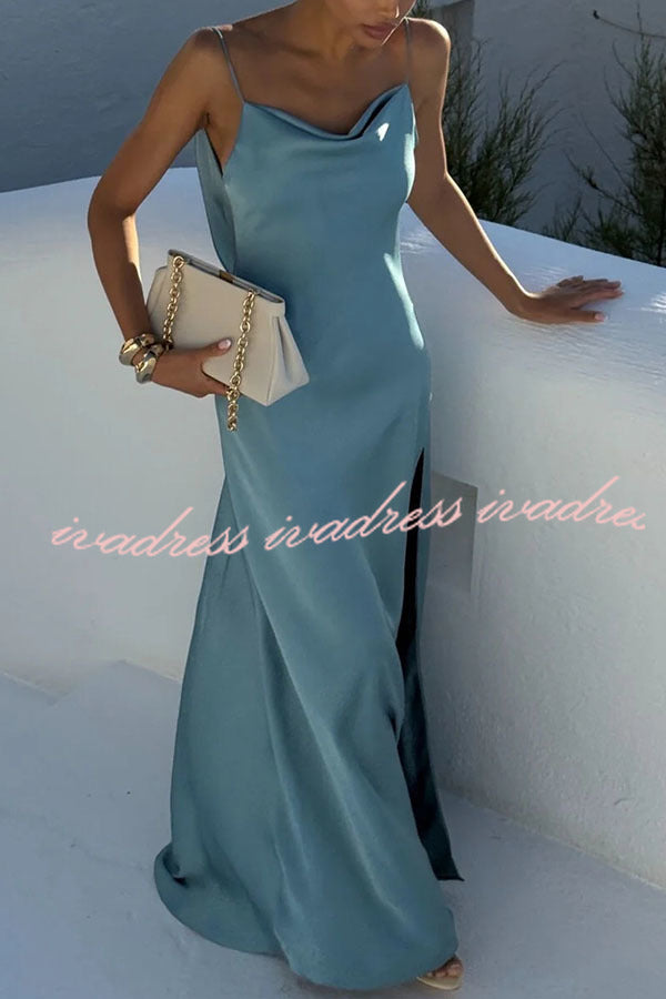 Flowing Elegance Satin Draped Neck Backless Ruffle Slit Maxi Dress