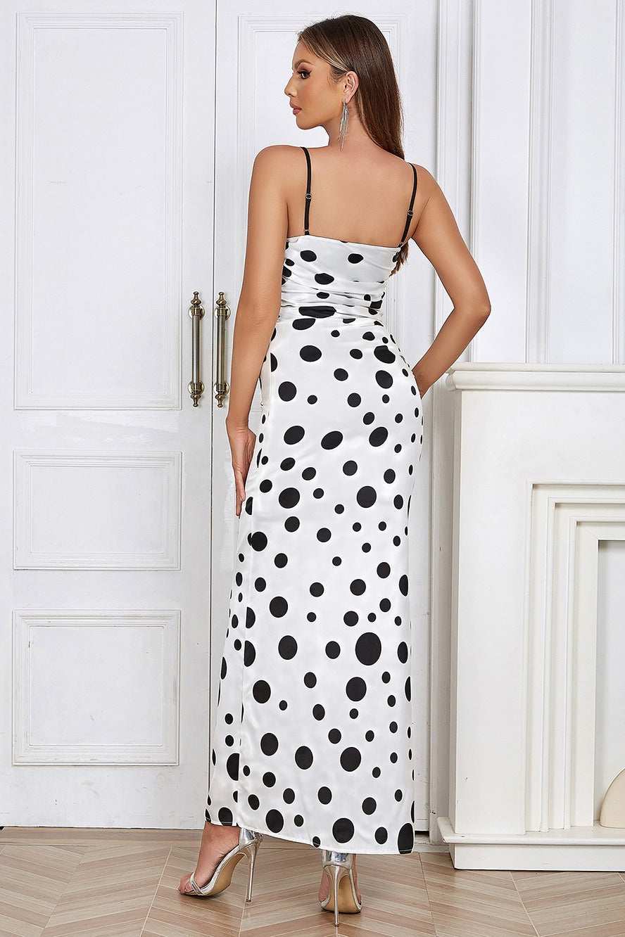 Polka Dot Cowl Folded Bust Spaghetti Strap Ruched Side-Slit Satin Maxi Dress