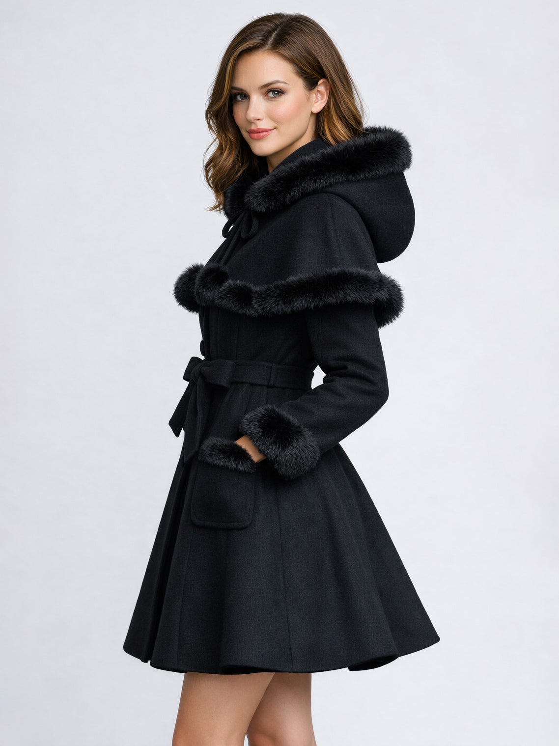 Faux Fur Trimmed Belted Wool Blend coat With Hooded Cape For Women 2026