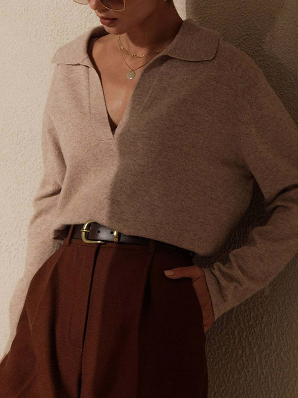 Solid Lapel Neck Knit Sweater
