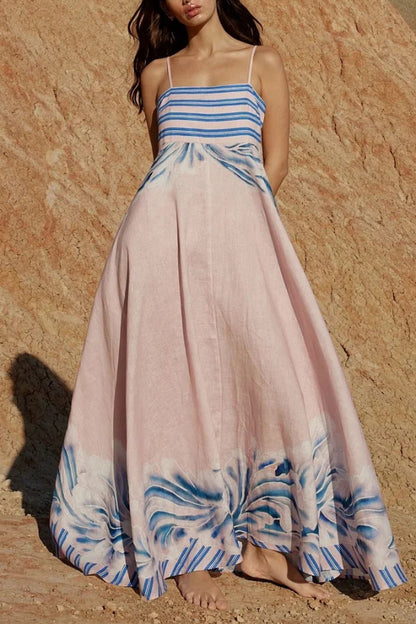 Unique Print Square Neck Spaghetti Strap Back Gathered Maxi Dress