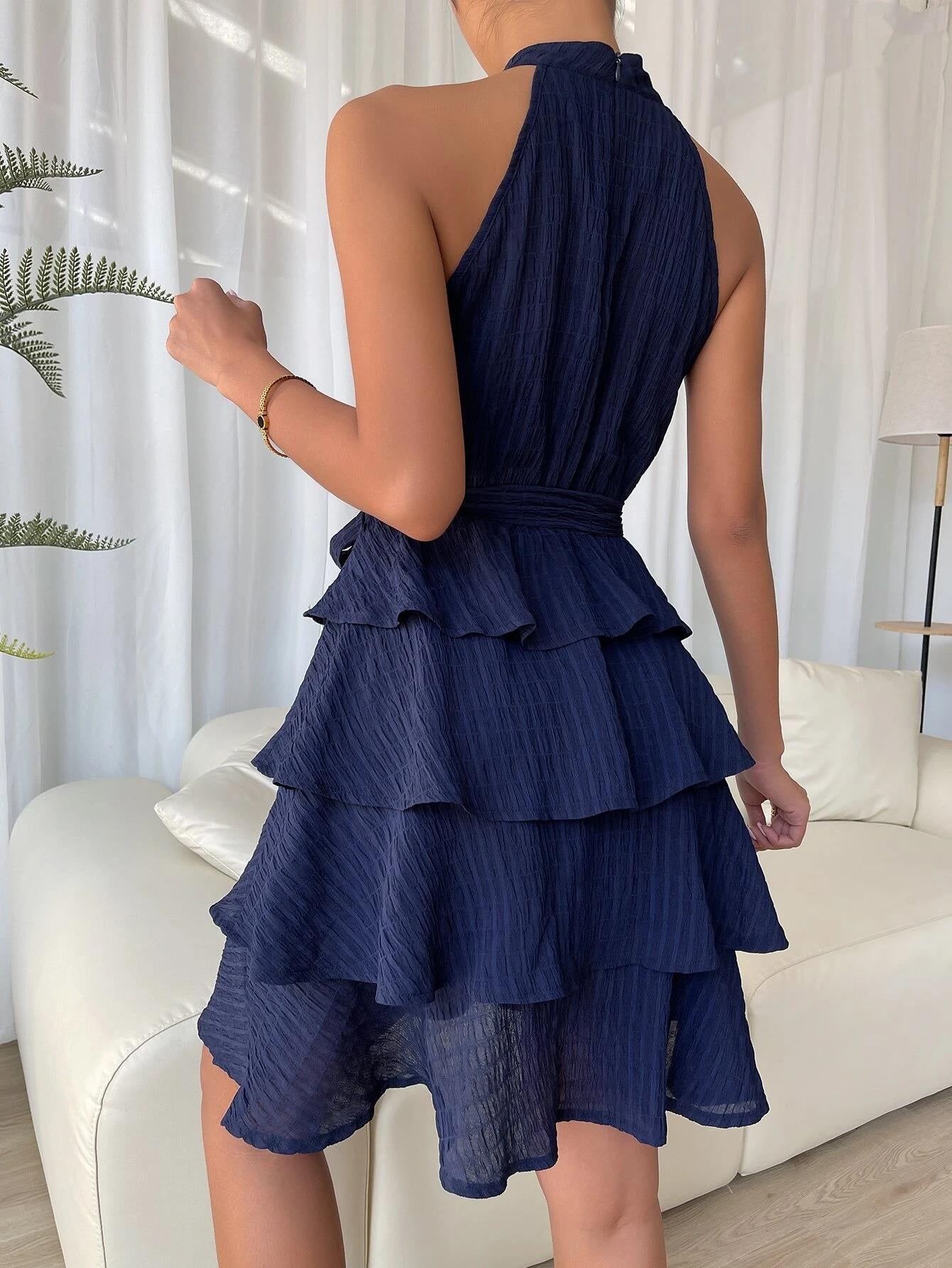 Halter Short Dress Sleeveless Pleated Belted Tulle Tiered Party Cocktail Dresses