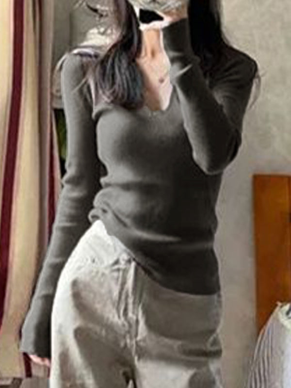 Solid V Neck Ribbed Long Sleeve Knit