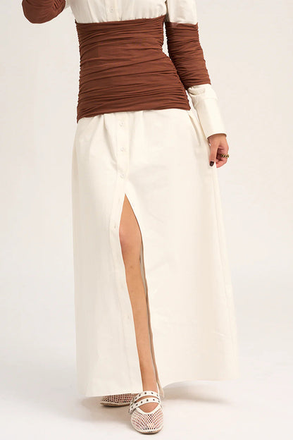 Fashionable Pleated Contrast Patchwork Waist Long Sleeve Button Shirt Maxi Dress