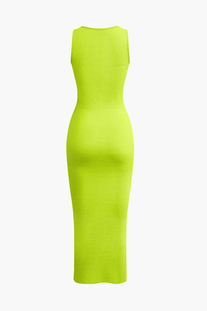 Ribbed Knit Scoop Neck Sleeveless Bodycon Midi Dress