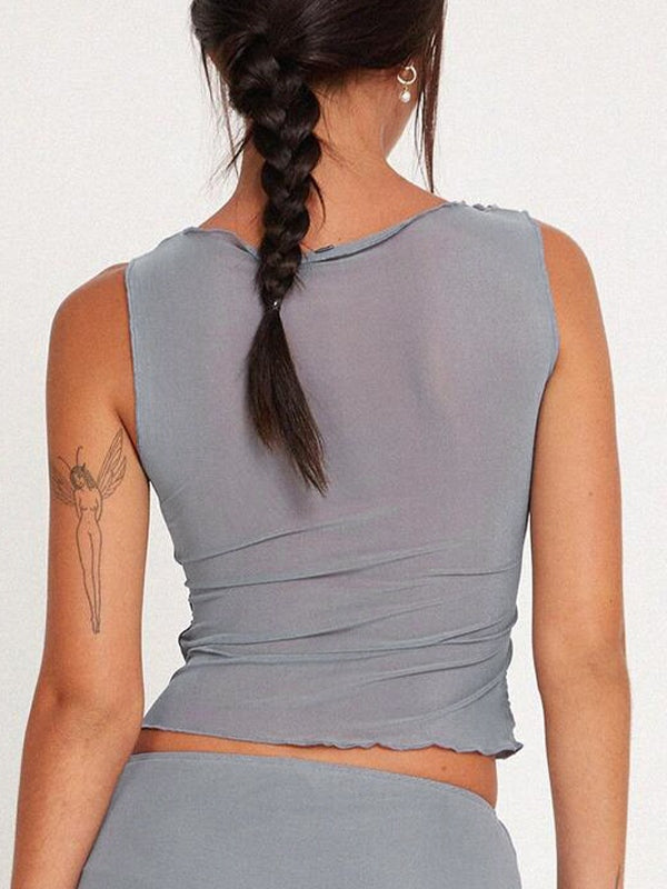 Mesh Stitching Asymmetric Lace Up Tank Top