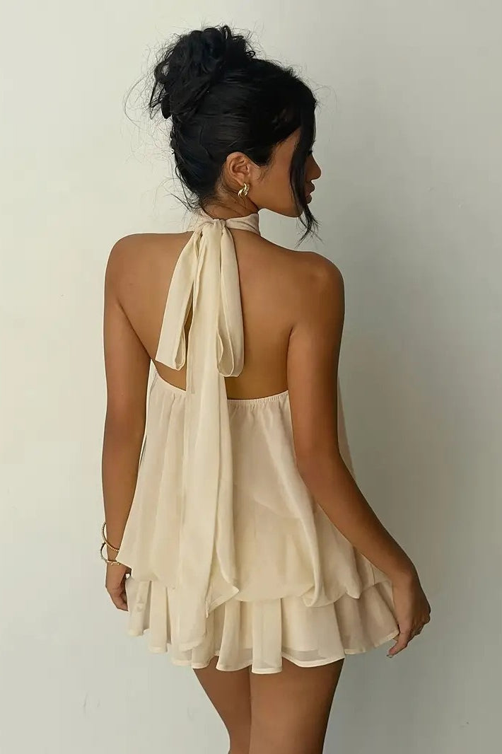 Pleated Halter Neck Tiered Ruffle Chiffon Trapeze Mini Dress