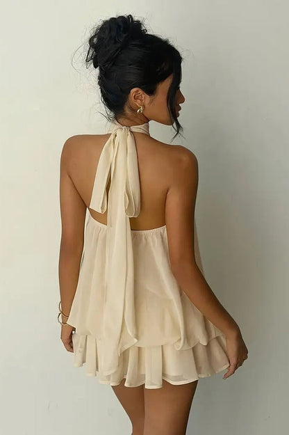 Pleated Halter Neck Tiered Ruffle Chiffon Trapeze Mini Dress