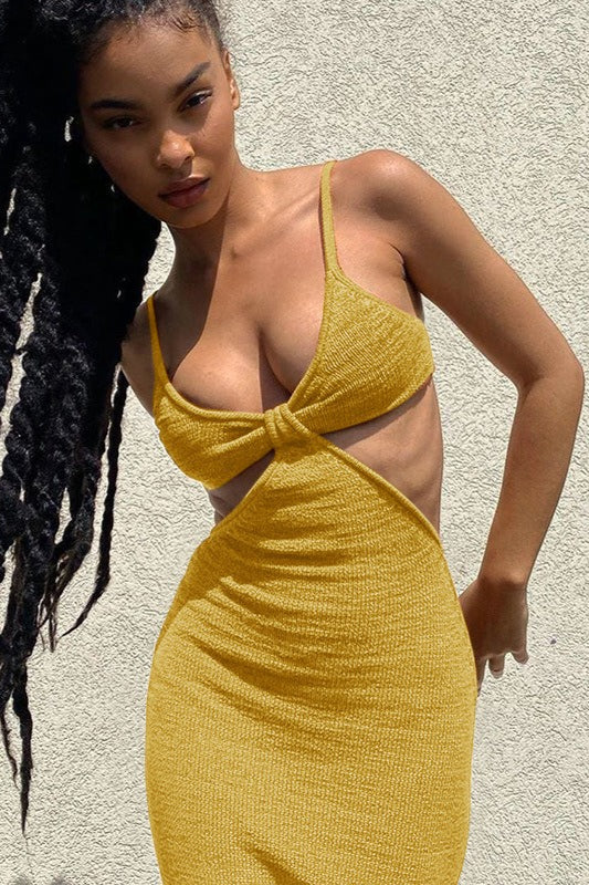 Cutout Waist Twist Front Ribbed Knit Spaghetti Strap Maxi Dress