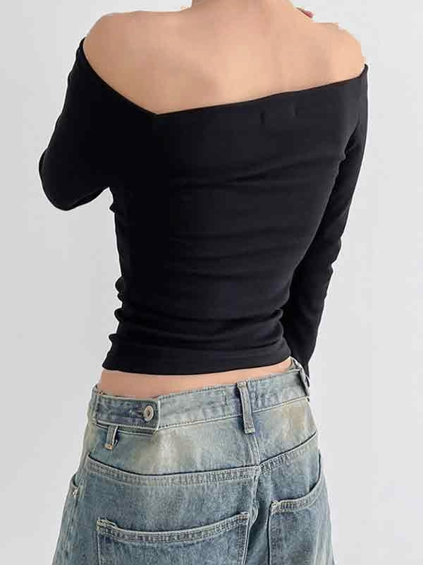 Off Shoulder Lip Skull Print Long Sleeve Tee