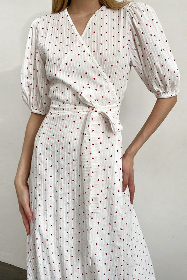 Heart Print Puff Sleeve Wrap V-Neck Front Slit Midi Dress