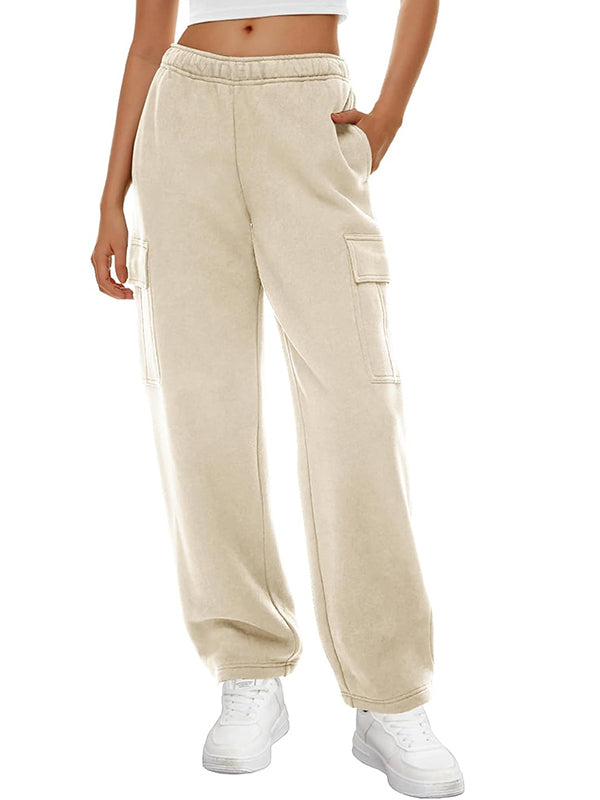 Solid Multi Pocket Elastic Waist Sweatpants