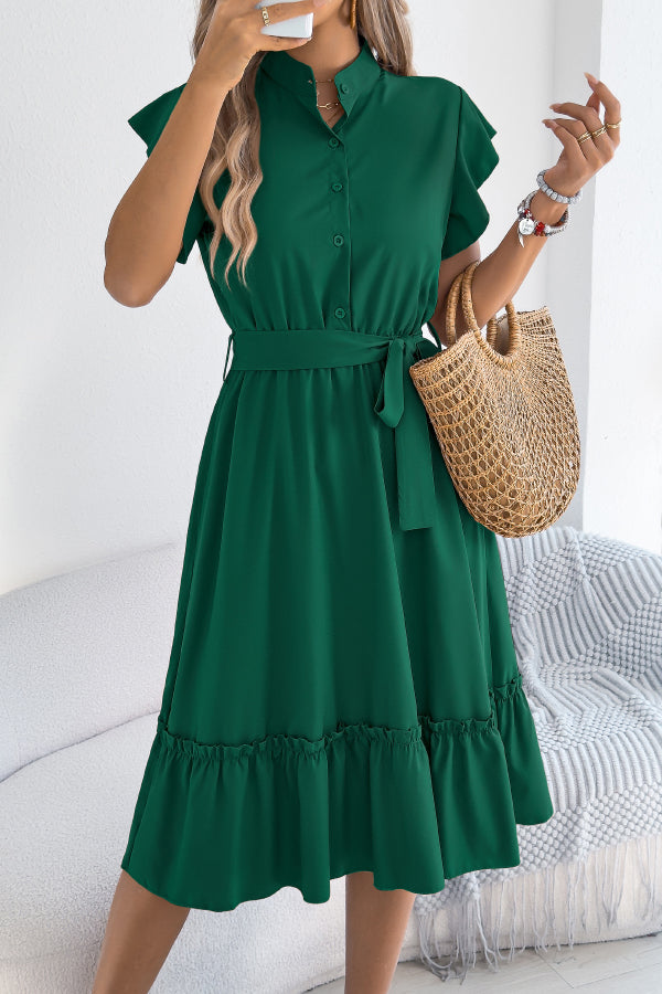 Solid Color Stand Collar Button Waist Tie Casual Midi Dress