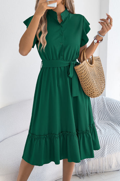 Solid Color Stand Collar Button Waist Tie Casual Midi Dress