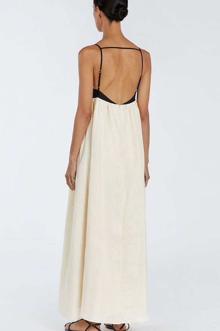 Linen Blend Colorblock Spaghetti Strap Empire Waist Gathered Maxi Dress