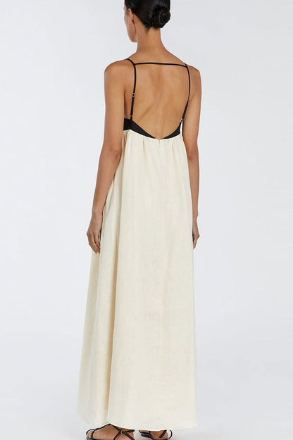 Linen Blend Colorblock Spaghetti Strap Empire Waist Gathered Maxi Dress