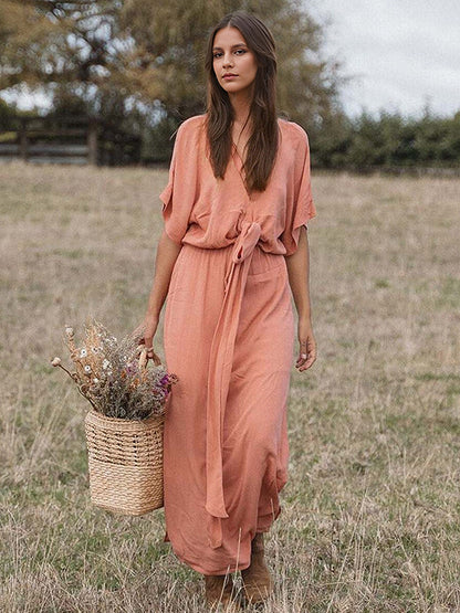 Deep V Neck Maxi Dress for Women - Boho Kimono Half Sleeve Belted Side Slit Kaftan Dress - Summer Beach Vacation 2026