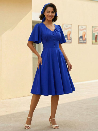 V Neck Ruched Front Button Decor Flutter Sleeve Retro Swing Dress For Women 2026