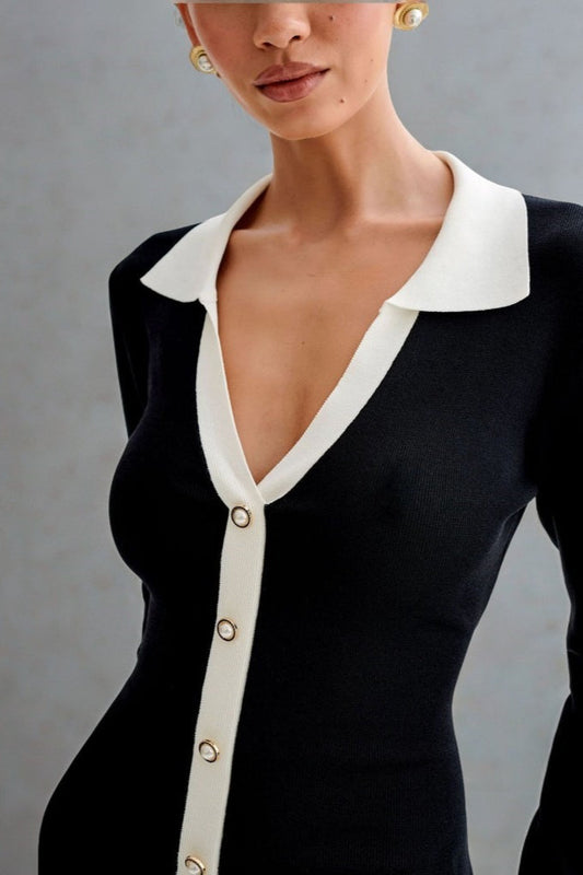 Pearl Button Ruffled Collar Knit Sweater Dress